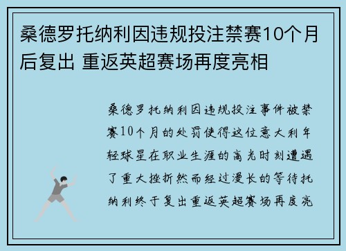 桑德罗托纳利因违规投注禁赛10个月后复出 重返英超赛场再度亮相