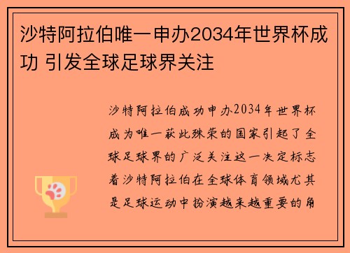 沙特阿拉伯唯一申办2034年世界杯成功 引发全球足球界关注